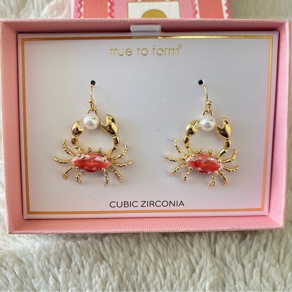 Whimsical Gold and Coral Pink Crab Pearl Cubic Zirconia Earrings - Picture 6 of 10